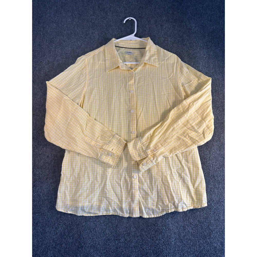 LL Bean Womens XL Gingham Button Down Shirt Yellow White Cotton 280389